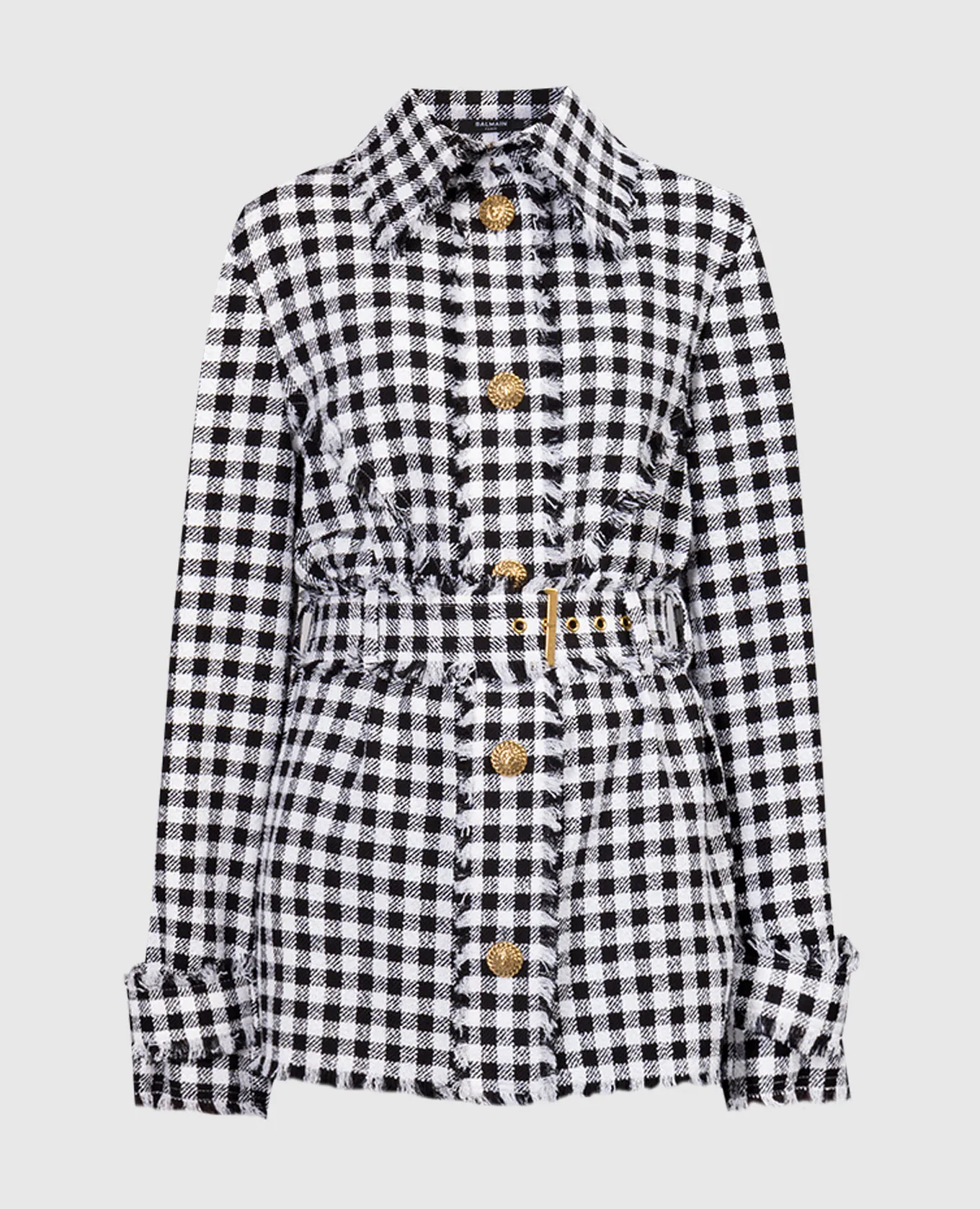 Balmain Camicia in tweed a quadri con frange CF1HU190CE70