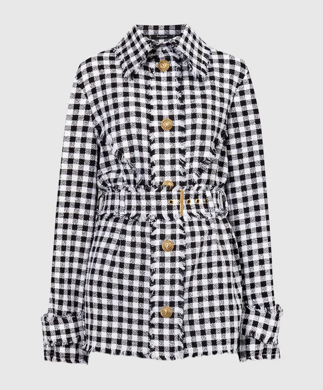 Balmain Camicia in tweed a quadri con frange CF1HU190CE70