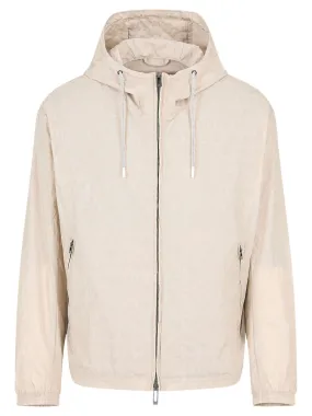 Blouson con cappuccio e zip in nylon light jacquard lettering all over