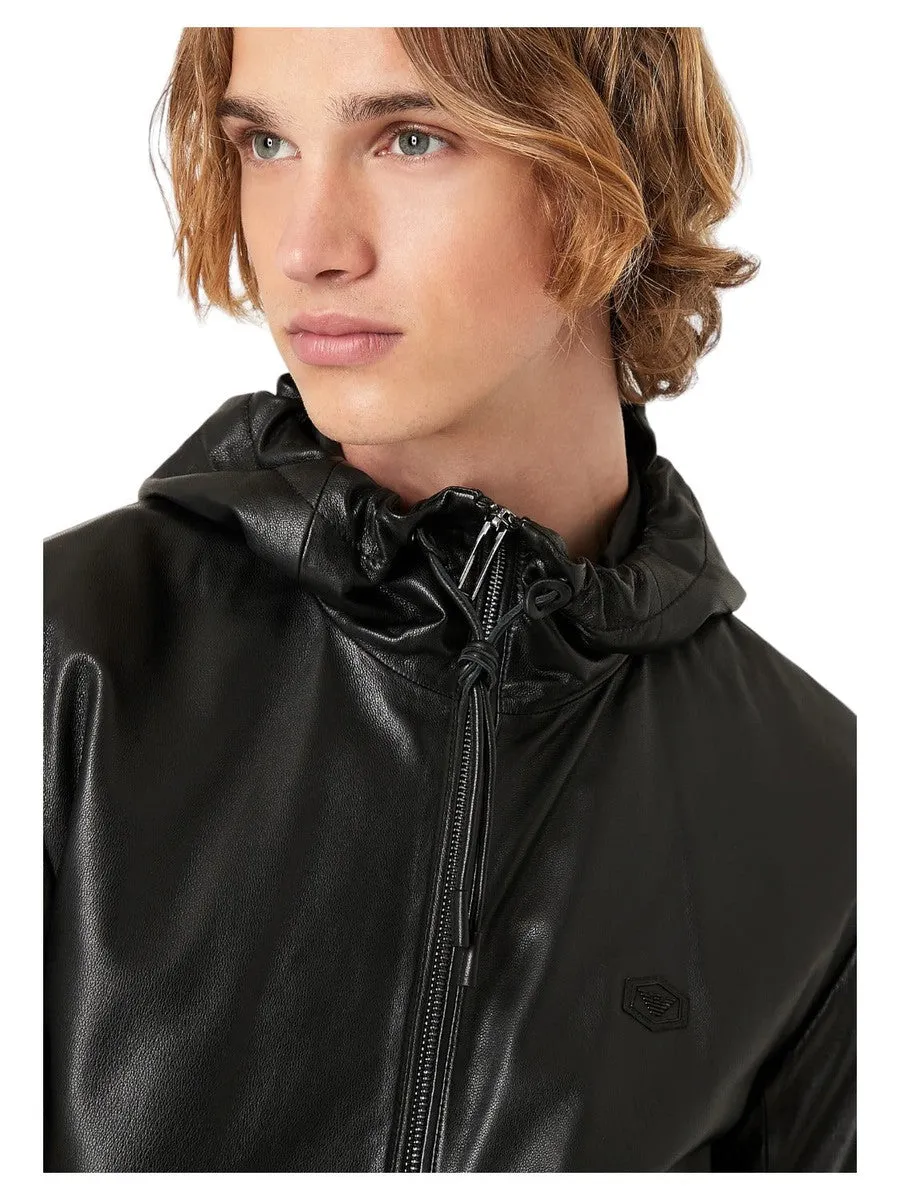 Blouson full zip con cappuccio in nappa di agnello semianilina