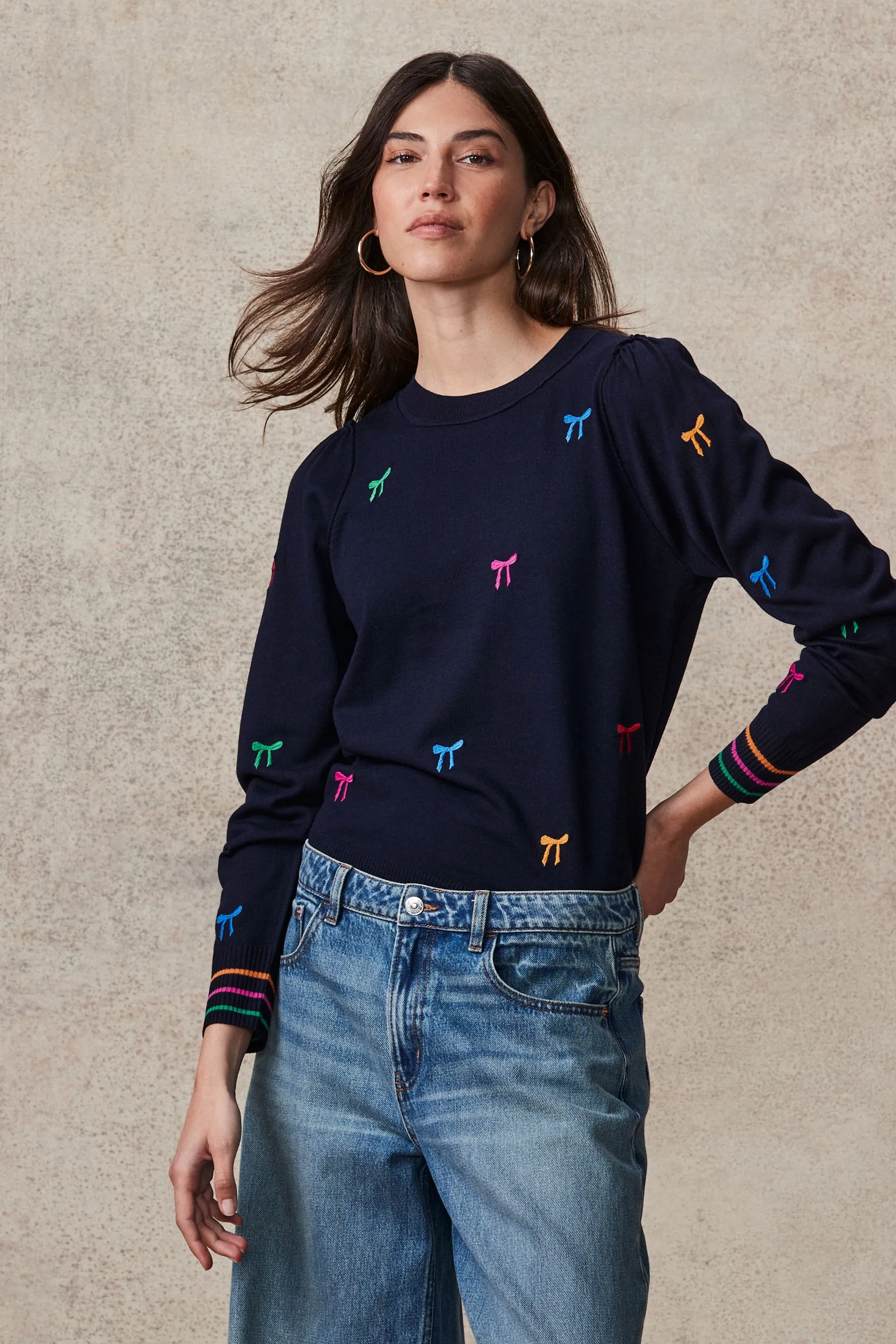 Crew Neck Long Sleeve Embroidered Jumper    