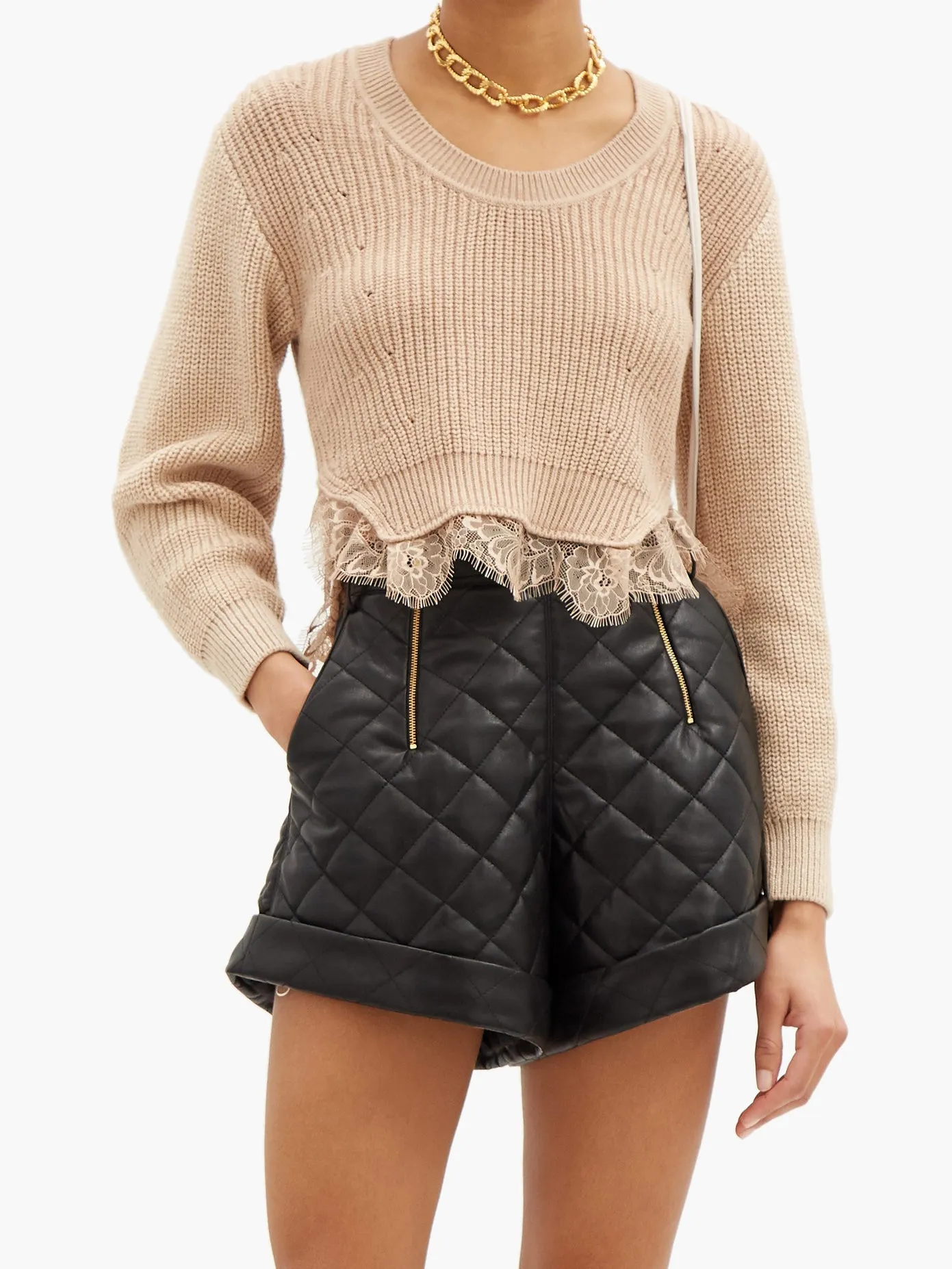 Cropped lace-trimmed cotton-blend sweater