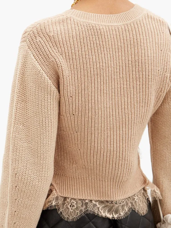 Cropped lace-trimmed cotton-blend sweater