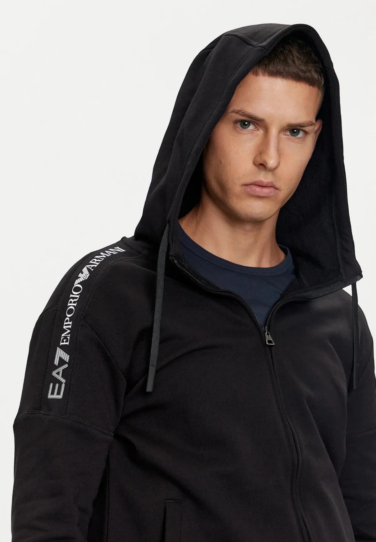 EA7 Emporio Armani Uomo Felpa Full-Zip con Cappuccio 6DPM12PJOGZ1200 Nero