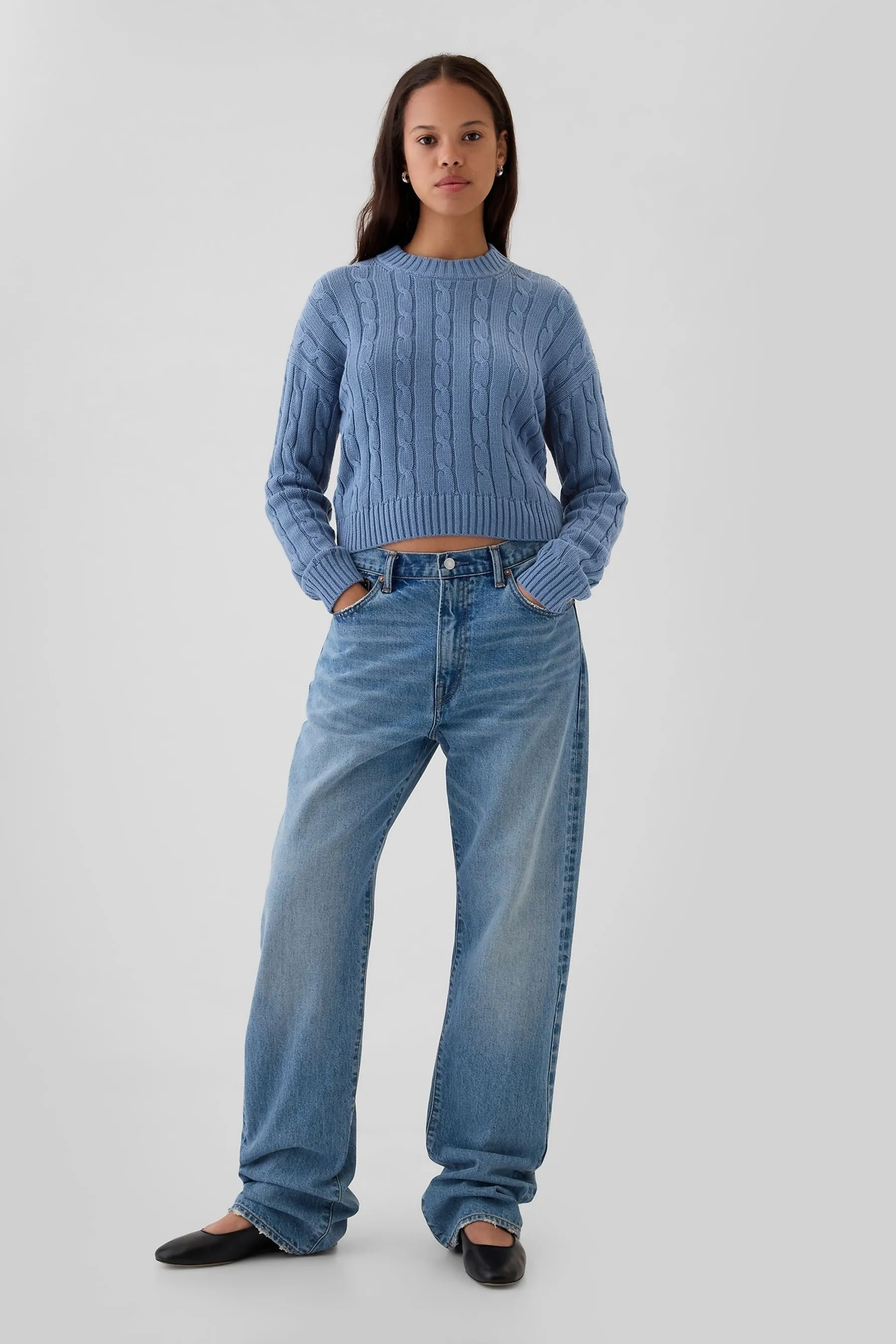 Gap 100% Cotton Cable Knit Crew Neck Cropped Jumper    