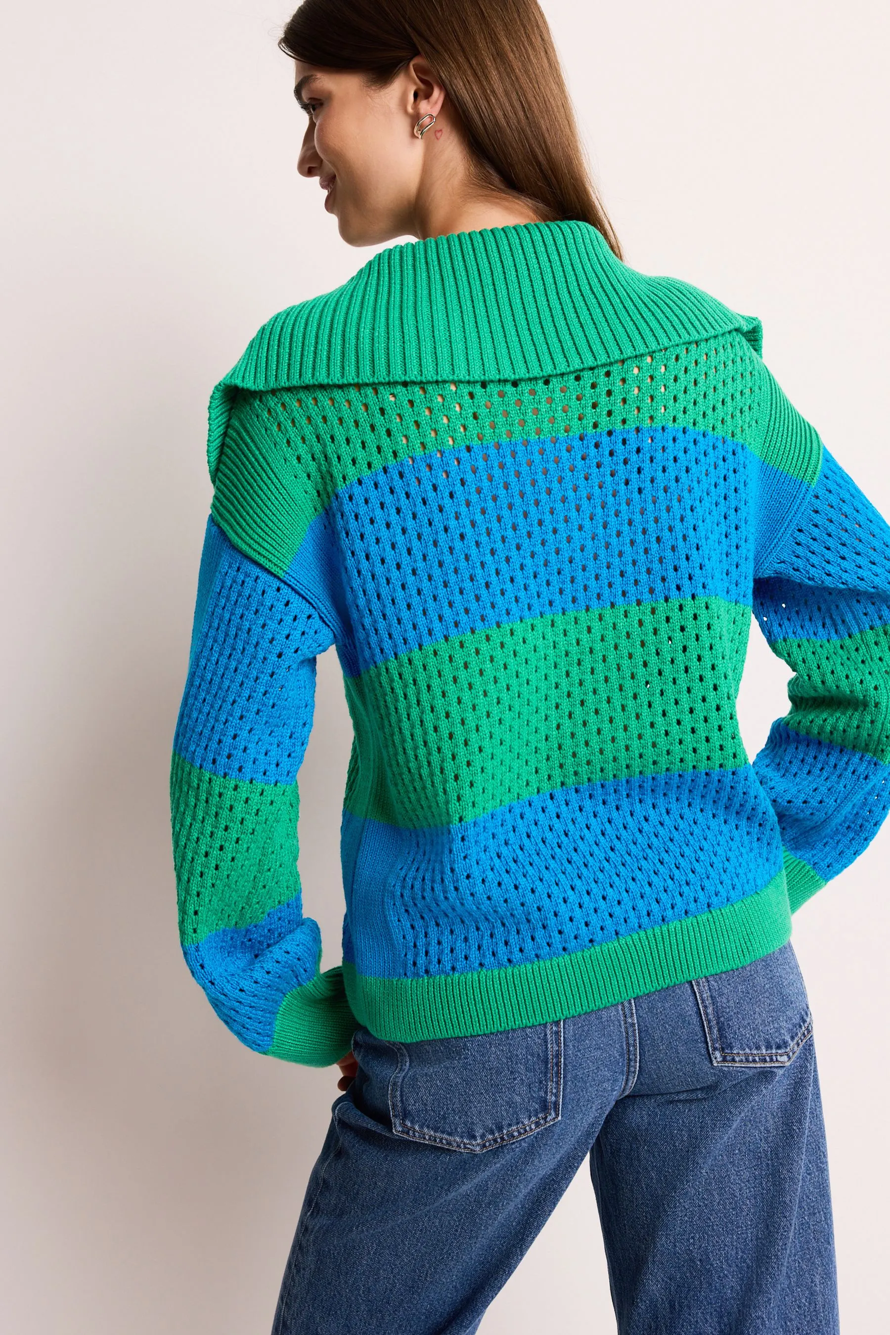 Open Stitch Mesh Zip Neck Collar Jumper    