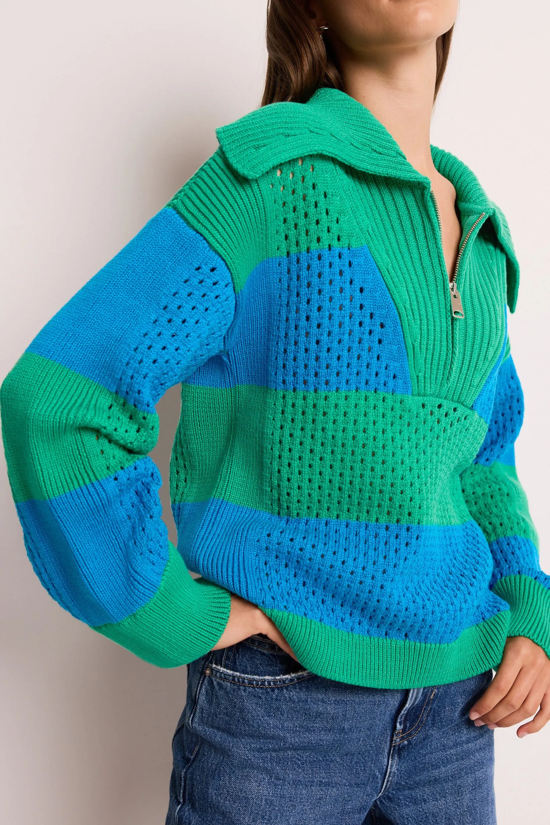 Open Stitch Mesh Zip Neck Collar Jumper    