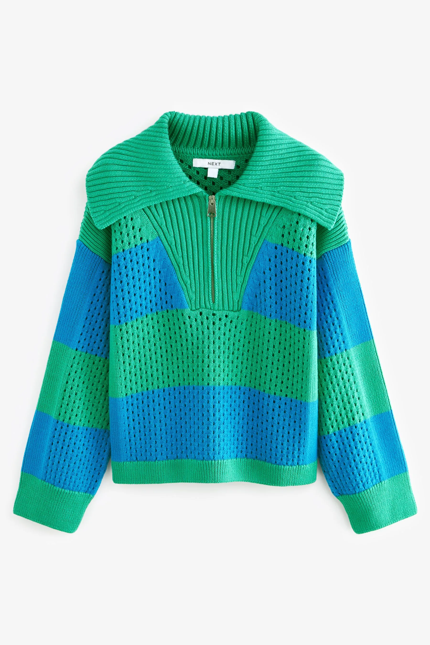 Open Stitch Mesh Zip Neck Collar Jumper    