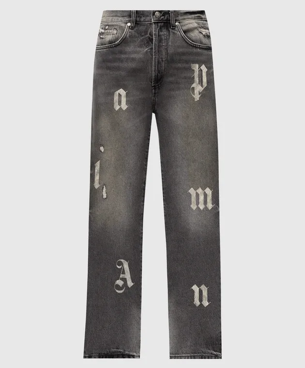 Palm Angels Jeans grigi con stampa logo lettera PMYA041F24DEN001