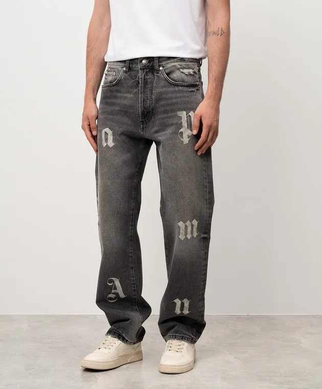 Palm Angels Jeans grigi con stampa logo lettera PMYA041F24DEN001