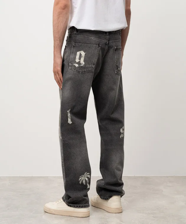 Palm Angels Jeans grigi con stampa logo lettera PMYA041F24DEN001