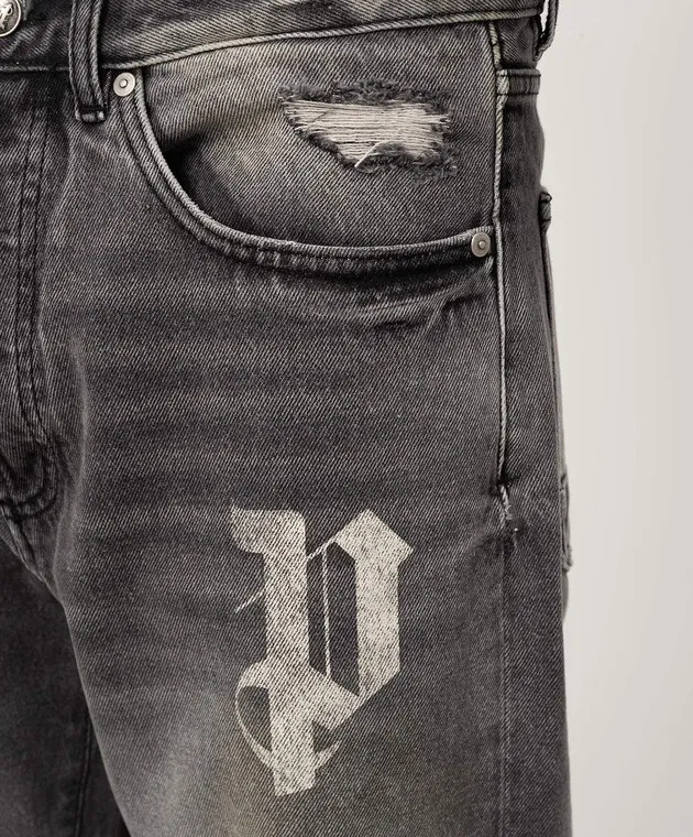 Palm Angels Jeans grigi con stampa logo lettera PMYA041F24DEN001