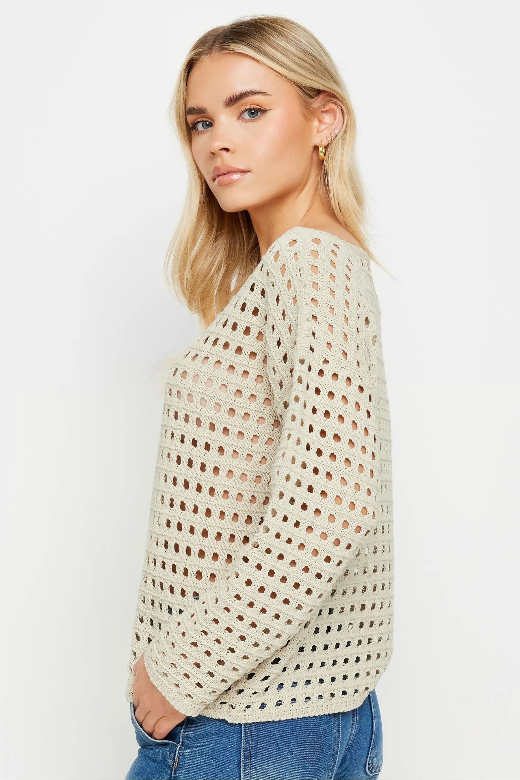 PixieGirl Petite Long Sleeve Crochet Slash Neck Jumper    