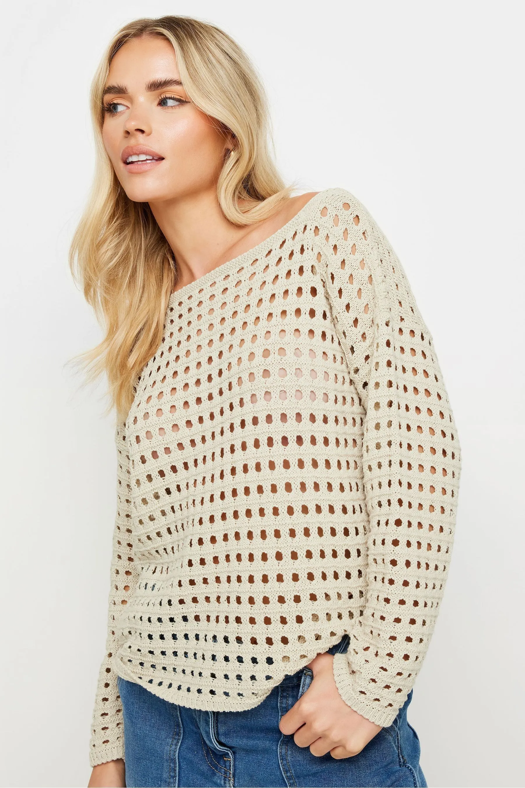 PixieGirl Petite Long Sleeve Crochet Slash Neck Jumper    