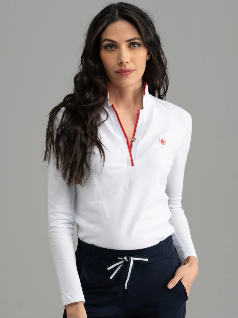 Polo donna manica lunga con inserto lurex sul collo